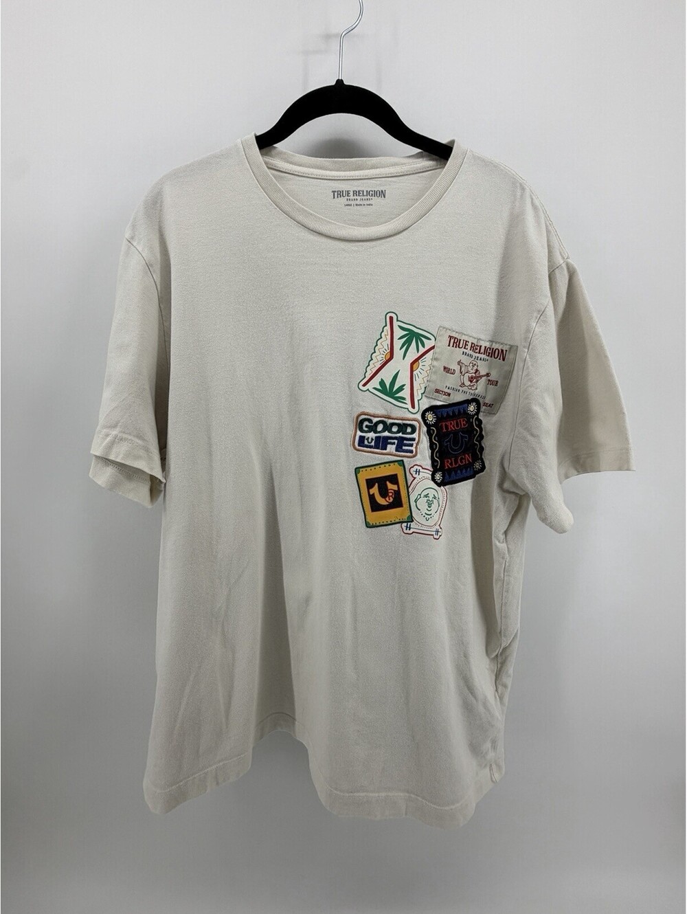 True Religion Men’s Large SS Resort Patch Tee Ivory 100% Cotton Graphic